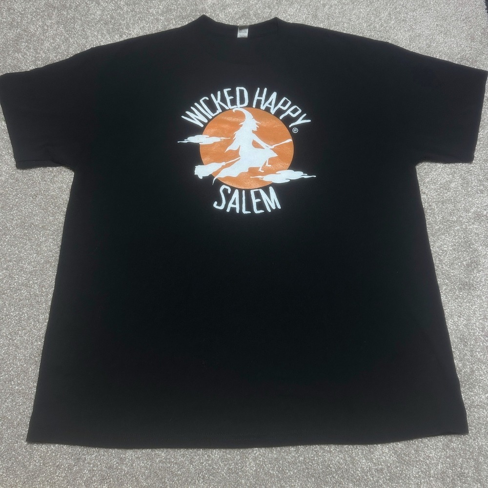 Mens XL Wicked Happy Salem Witch Graphic Tee Black Halloween Souvenir T-Shirt
